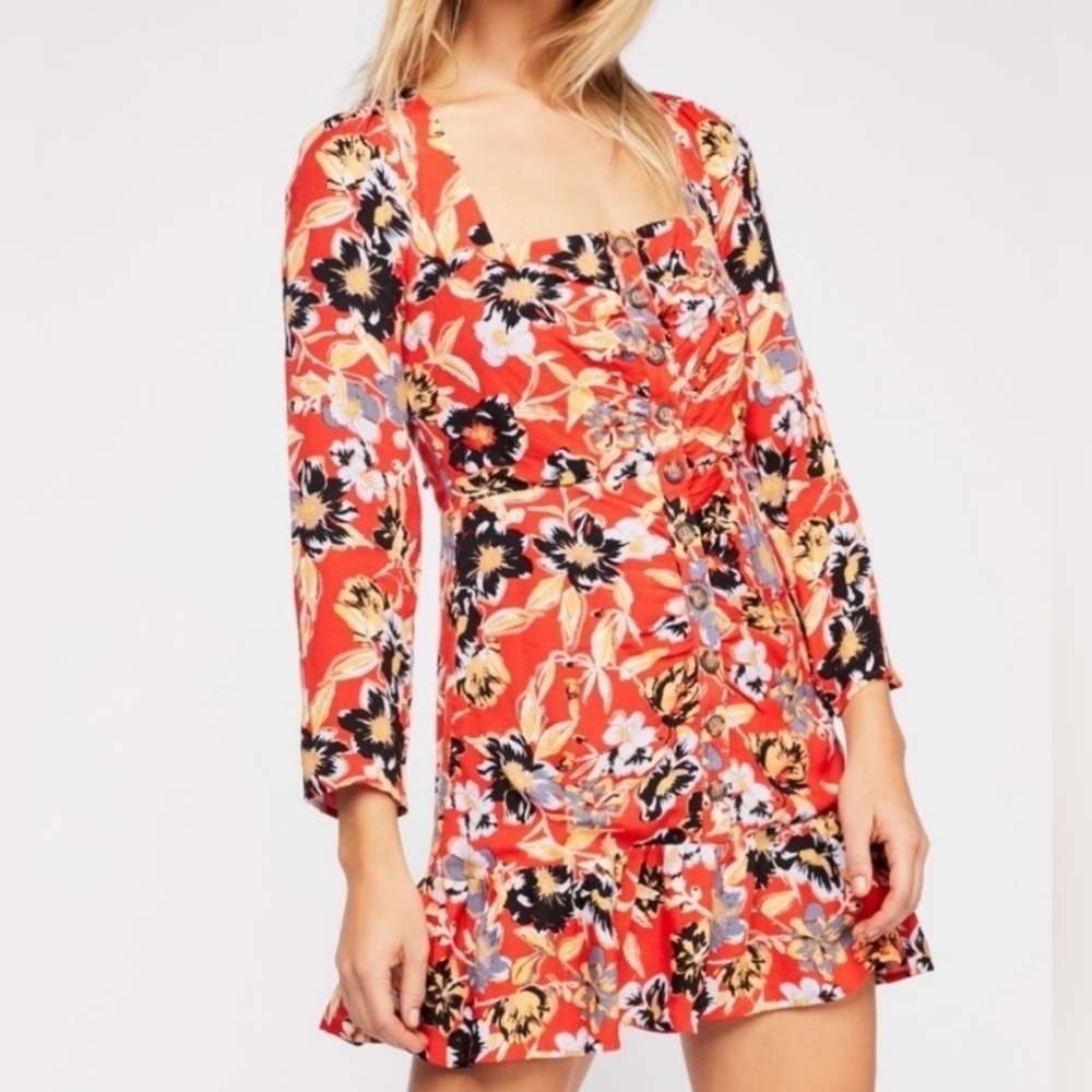 Free People Red Floral Summer Mini Dress Size 2 XS